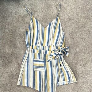 Striped Sleeveless 100% Linen Romper with Tie Waist Size L